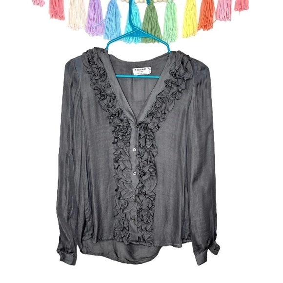 FRAME Tuxedo Smoke Grey Gray Silk Chiffon Ruffle Button Down Blouse Extra Small - Picture 1 of 16
